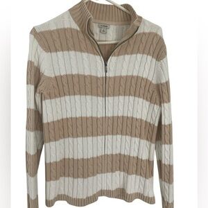 L.L. Bean Tan and White Cotton Full Zip Preppy Sweater in size Large